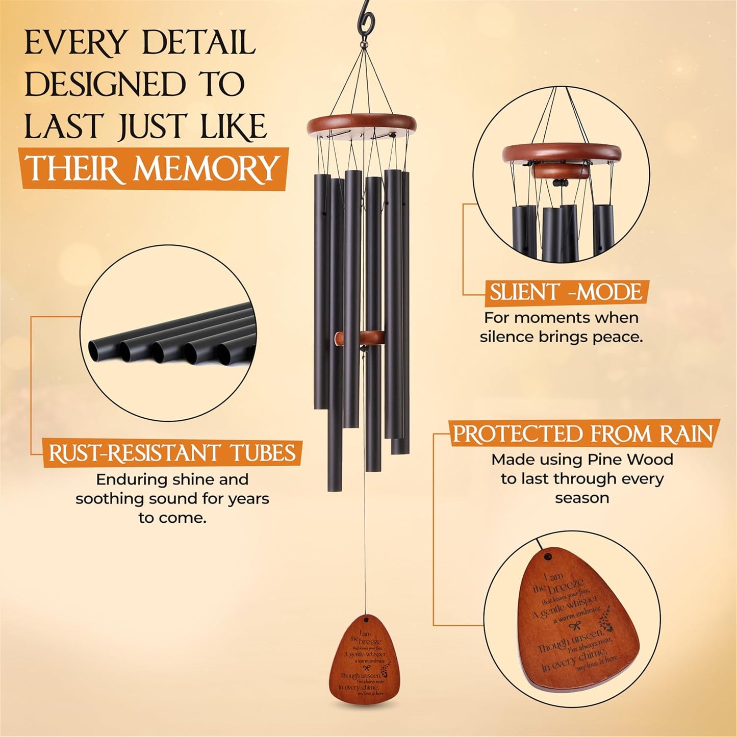 Captain Decor 32'' Teardrop Black Memorial Wind Chime