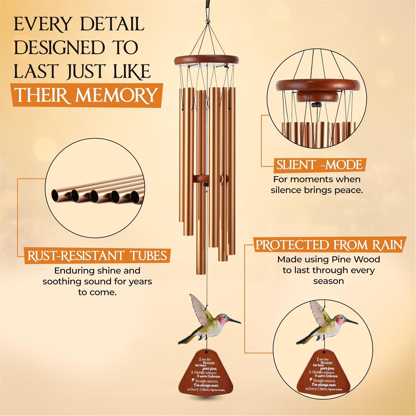 Captain Decor 32'' Hummingbird  Golden Memorial Wind Chime